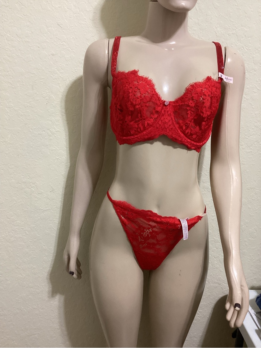 Victoria's Secret Red Lace Underwire Bra & Lace Thong Set